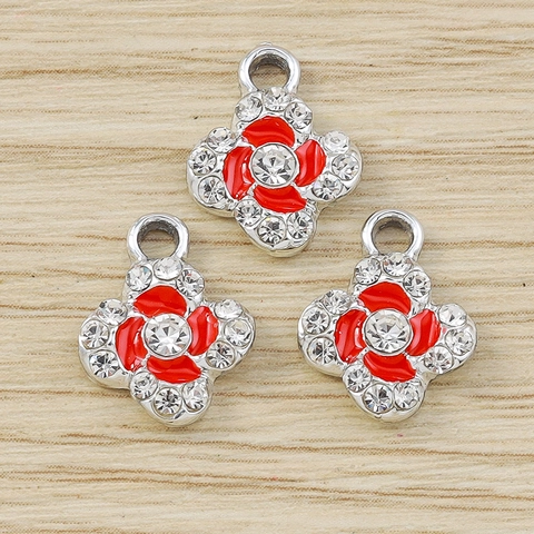 Alloy Enamel Cherry Blossom Flower Pendants Rhinestone Clover Charms For DIY Necklace Bracelet Making Women Jewelry Accessories