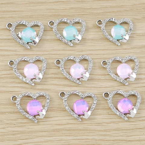 Herz Krone Anhänger Silber Legierung Strass Charms Für DIY Halskette Armband Ohrringe Schmuckherstellung Rosa Blau Lila Mix