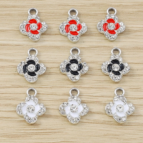 Alloy Enamel Cherry Blossom Flower Pendants Rhinestone Clover Charms For DIY Necklace Bracelet Making Women Jewelry Accessories