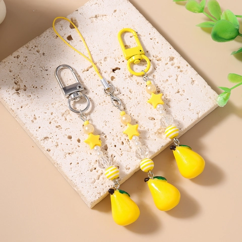 Portachiavi a Forma di Stella Gialla con Perline Ciondolo Telefono Frutta Resina Limone Pera per Donna Accessorio Borsa Regalo