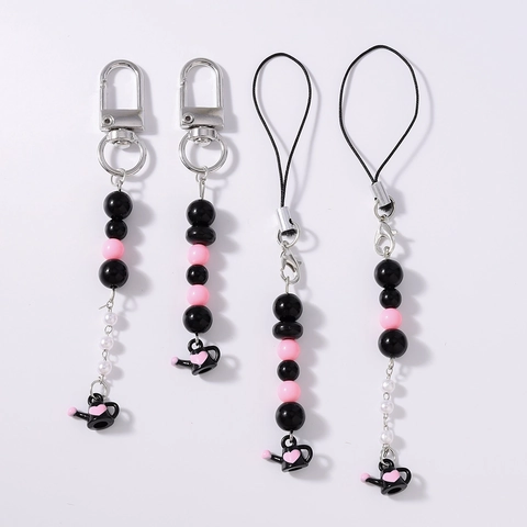 Ciondolo per Cellulare con Perline Teiera a Cuore Sweet Cool Gotico Nero Rosa Perla Artificiale Portachiavi Donna Y2K Pendente