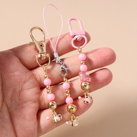 Porte-clés Doux en Perles Roses pour Femmes Alliage de Zinc Résine Perles Cœur Arrosoir Pendentif Cordon de Téléphone Bijou de Sac Cadeau de Mode