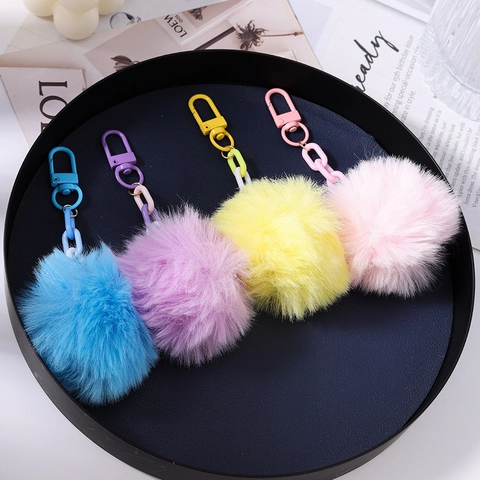 Kunstkaninchenfell Pompon Schlüsselanhänger Weicher Polyester Plüschball Tasche Anhänger Mit Bunter Kette Für Damen Dekoration