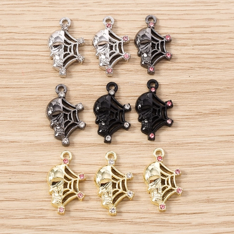 Pendentifs Gothiques en Alliage de Zinc Tête de Mort et Toile d'Araignée pour Bijoux DIY Halloween Breloques en Strass pour Collier Bracelet