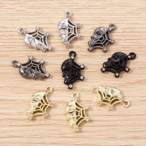 Pendentifs Gothiques en Alliage de Zinc Tête de Mort et Toile d'Araignée pour Bijoux DIY Halloween Breloques en Strass pour Collier Bracelet