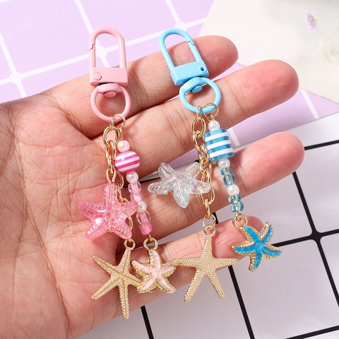 Llavero de Cuentas de Estrella de Mar de Moda Colgante de Metal de Resina Cuenta a Rayas Llavero para Bolso Joyería Mujer Niñas
