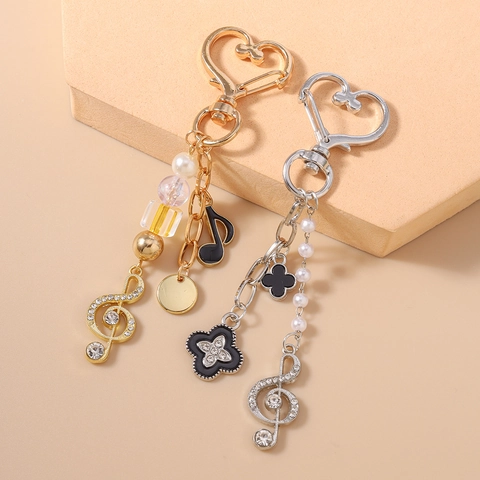 Portachiavi Moda Nota Musicale Chiave Di Violino Per Donna Ciondolo Borsa Con Perla Artificiale Strass Chiusura A Cuore Lega Di Zinco