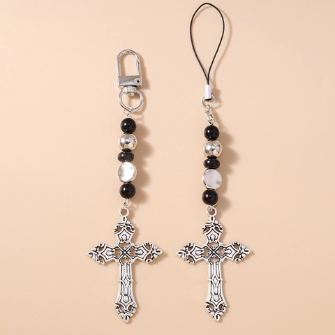 Cadena de Teléfono con Cuentas de Cruz Gótica Vintage Cordón de Aleación Llavero Retro Dije de Bolso para Mujeres Hombres