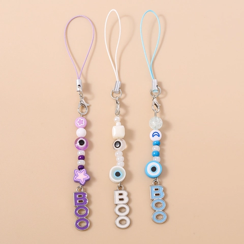Handmade Beaded Evil Eye Phone Strap Purple White Blue Resin Star Moon Flower BOO Letter Bag Charm For Women Gift