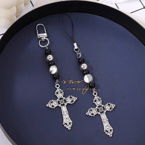 Cadena de Teléfono con Cuentas de Cruz Gótica Vintage Cordón de Aleación Llavero Retro Dije de Bolso para Mujeres Hombres