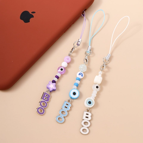 Handmade Beaded Evil Eye Phone Strap Purple White Blue Resin Star Moon Flower BOO Letter Bag Charm For Women Gift