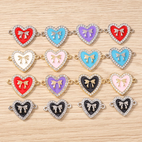 Alloy Rhinestone Heart Bow Connector Charms For DIY Necklace Bracelet Making Sweet Enamel Drip Oil Jewelry Findings For Women