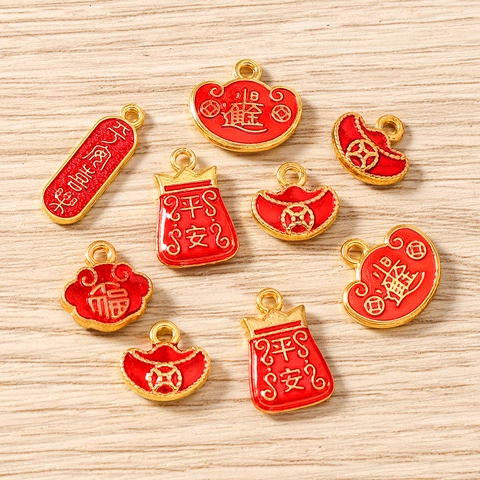 Chinese Style Zinc Alloy Enamel Fortune Bag Ingot Pendants DIY Jewelry Making Accessories For Necklace Earring Keychain Red Gold Decor