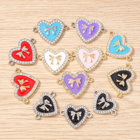 Alloy Rhinestone Heart Bow Connector Charms For DIY Necklace Bracelet Making Sweet Enamel Drip Oil Jewelry Findings For Women