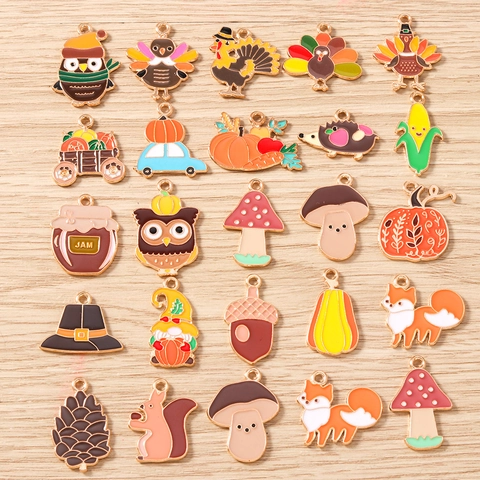 Thanksgiving Autumn Alloy Enamel Charms For DIY Jewelry Making Turkey Pumpkin Squirrel Mushroom Pendants For Earrings Necklace Bracelet Keyring