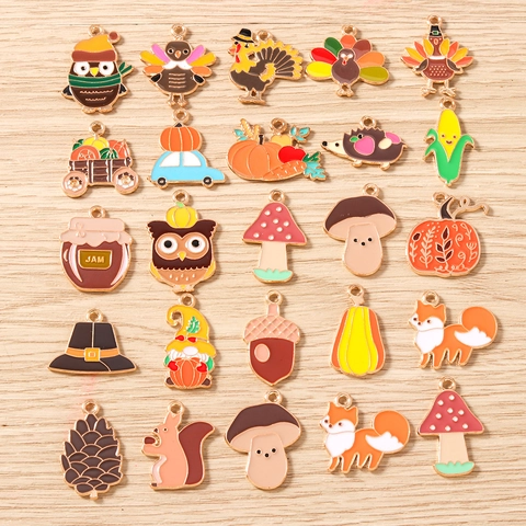Thanksgiving Autumn Alloy Enamel Charms For DIY Jewelry Making Turkey Pumpkin Squirrel Mushroom Pendants For Earrings Necklace Bracelet Keyring