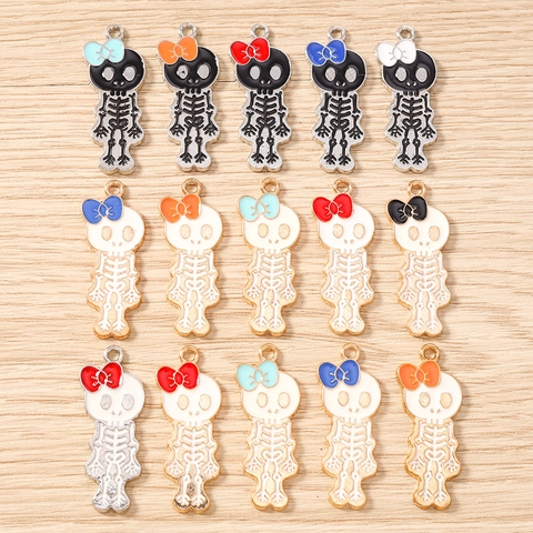 Cute Cartoon Skeleton Girl With Bow Enamel Alloy Pendants For DIY Jewelry Making Halloween Accessories Necklace Bracelet Charms