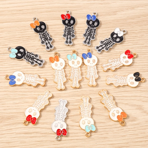 Cute Cartoon Skeleton Girl With Bow Enamel Alloy Pendants For DIY Jewelry Making Halloween Accessories Necklace Bracelet Charms