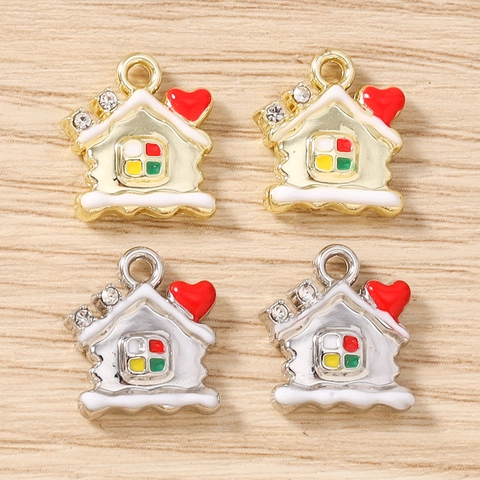 Breloques Maison de Noël en Alliage Émail Cœur Neve Cottage Pendentifs Strass Fabrication de Bijoux DIY Boucle d'Oreille