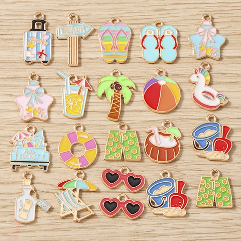 Summer Beach Theme Alloy Enamel Charms For Jewelry Making Colorful Coconut Tree Sunglasses Flip Flops DIY Pendants For Keychains