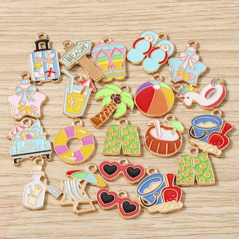 Summer Beach Theme Alloy Enamel Charms For Jewelry Making Colorful Coconut Tree Sunglasses Flip Flops DIY Pendants For Keychains