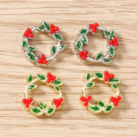 Enamel Christmas Holly Wreath Charms Alloy Gold Silver Pendant For Jewelry Making DIY Earring Necklace Bracelet Gift