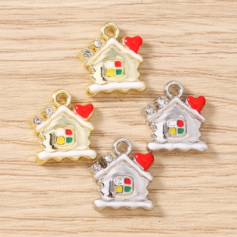 Breloques Maison de Noël en Alliage Émail Cœur Neve Cottage Pendentifs Strass Fabrication de Bijoux DIY Boucle d'Oreille