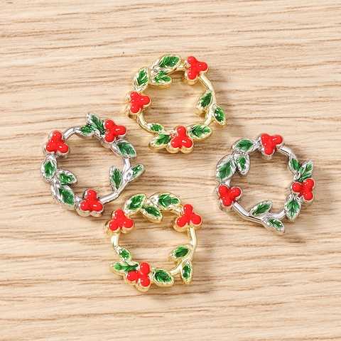 Enamel Christmas Holly Wreath Charms Alloy Gold Silver Pendant For Jewelry Making DIY Earring Necklace Bracelet Gift