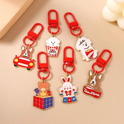 Cartoon Emaille Zinklegierung Schlüsselanhänger Süße Corgi Hund Hase Bär Popcorn Tasche Anhänger Für Damen Herren Geschenk