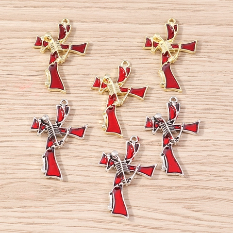 Gothic Skelett Kreuz Anhänger Rot Emaille Zinklegierung Charms Für DIY Schmuckherstellung Halloween Party Halskette Zubehör