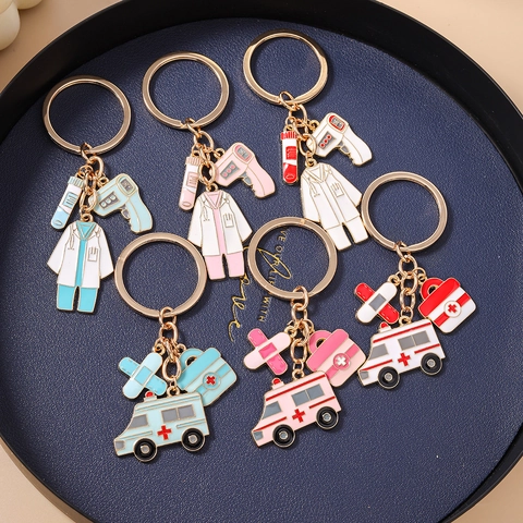 Medisch Verpleegkundige Arts Sleutelhanger Zinklegering Emaille Ambulance Medische Box Thermometer Bedeltje Cadeau Voor Arts