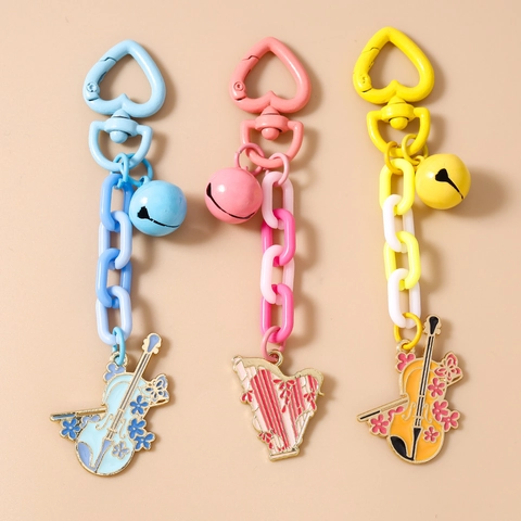 Porte-clés Instrument de Musique Motif Floral Fermoir Coeur Pendentif Violon Harpe Clochette Grosse Chaîne Bijou de Sac Femme Cadeau