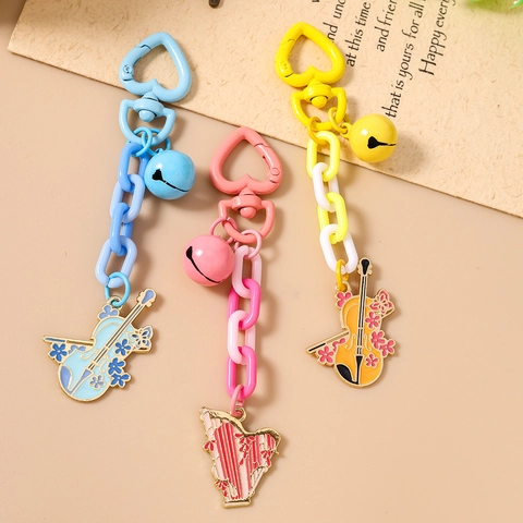 Porte-clés Instrument de Musique Motif Floral Fermoir Coeur Pendentif Violon Harpe Clochette Grosse Chaîne Bijou de Sac Femme Cadeau