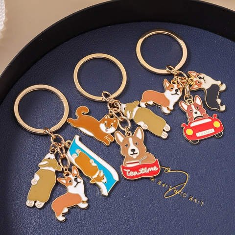 Süßer Cartoon Corgi Shiba Inu Metall Schlüsselanhänger Emaille Tropföl Tier Tasche Anhänger Zinklegierung Schlüsselanhänger Für Damen Herren Geschenk