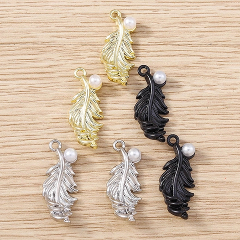 Zinc Alloy Feather Pendant Charms With Artificial Pearl For DIY Necklace Bracelet Earring Keychain Jewelry Making Accessories