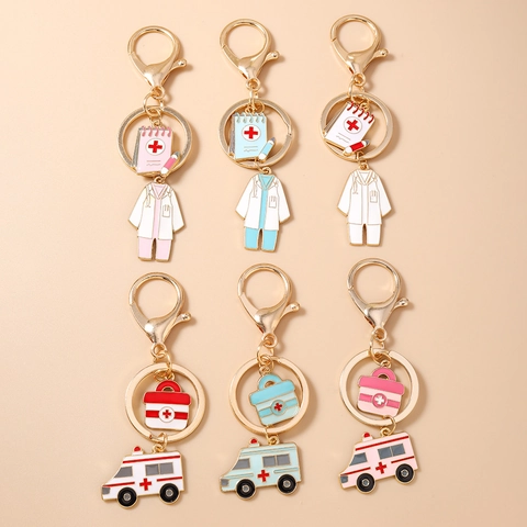 Portachiavi in Lega di Zinco a Tema Medico Smalto Ambulanza Kit di Pronto Soccorso Camice da Medico Ciondolo per Borsa Regalo