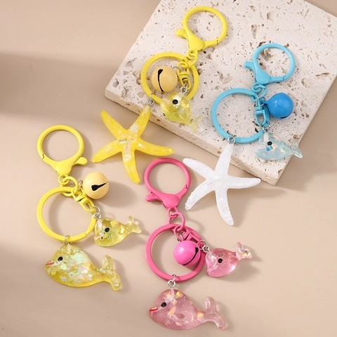 Llavero de Resina de Vida Marina de Moda Estrella de Mar Delfín Ballena Colgante de Bolso Con Campana Colorida Brillo Lentejuelas