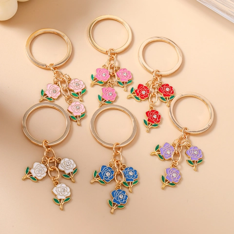 Elegant Enamel Rose Flower Keychain Zinc Alloy Rhinestone Inlaid Bag Charm Pendant Key Ring For Women Floral Accessory Gift