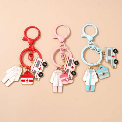 Medical Theme Zinc Alloy Keychain Set With Nurse Uniform Ambulance And Medical Box Pendant Enamel Keyring Gift For Nurses
