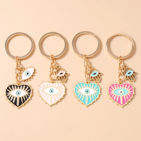 Heart Evil Eye Keychain With Hamsa Hand Charm Zinc Alloy Enamel Bag Pendant Bohemian Ethnic Amulet Key Ring Jewelry Gift