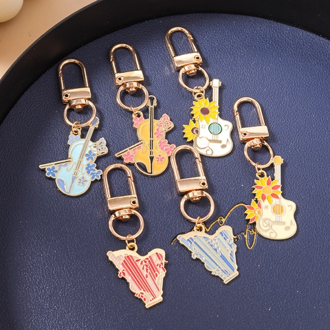 Enamel Musical Instrument Keychain Sunflower Violin Guitar Harp Alloy Pendant Bag Charm For Music Lovers Gift Jewelry