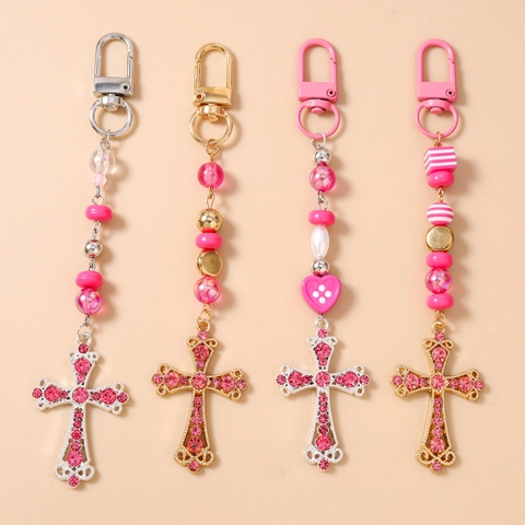 Portachiavi con Perline alla Moda Ciondolo a Croce con Strass Rosa Dolce Cuore Perline Ciondolo Borsa per Donna Ragazza