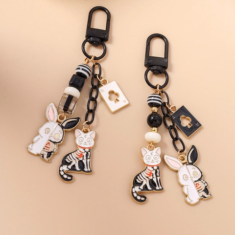 Gothic Punk Skeleton Cat Rabbit Keychain Zinc Alloy Enamel Playing Card Pendant For Women Men Bag Charm Accessories