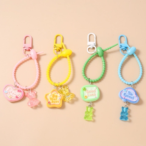 Schattige Cartoon Beer Hart Ster Wolk Sleutelhanger Met Spiraalkoord Jelly Beer Hanger Candy Color Tasbedel Voor Vrouwen Keyring