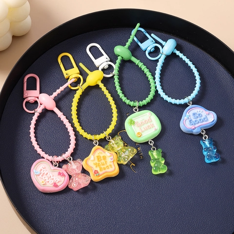 Schattige Cartoon Beer Hart Ster Wolk Sleutelhanger Met Spiraalkoord Jelly Beer Hanger Candy Color Tasbedel Voor Vrouwen Keyring