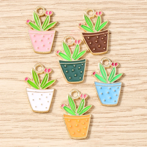 Enamel Cactus Potted Plant Charms Zinc Alloy Colorful Botanical Pendants For DIY Jewelry Making Necklace Bracelet Accessories