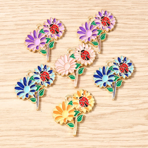 Enamel Daisy Flower Ladybug Pendant Alloy Floral Charm For DIY Jewelry Making Necklace Bracelet Earrings Handmade Accessories Women