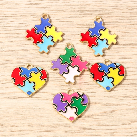 Colorful Enamel Puzzle Piece Heart Pendants Alloy Drip Oil DIY Jewelry Findings For Bracelet Necklace Keychain Charms