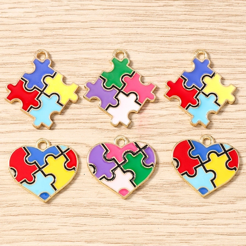 Colorful Enamel Puzzle Piece Heart Pendants Alloy Drip Oil DIY Jewelry Findings For Bracelet Necklace Keychain Charms