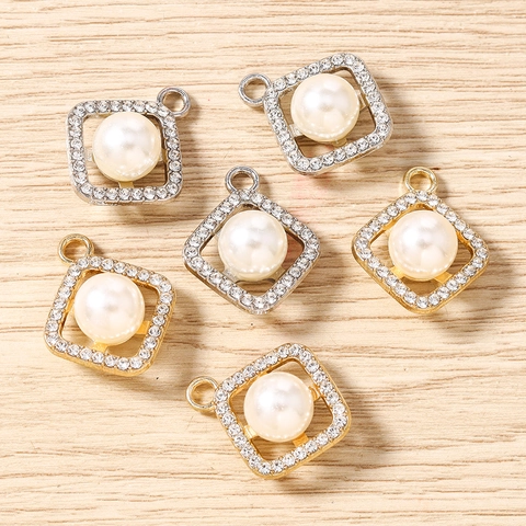 Geometric Square Zinc Alloy Pendants With Artificial Pearl And Rhinestone DIY Jewelry Charms For Necklace Bracelet Keyring